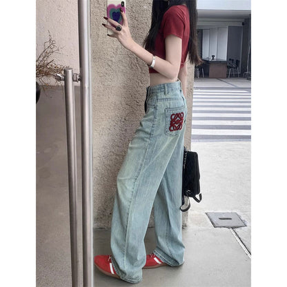 Premium Bestickte Jeans Damen – High-Waist Straight Leg Wide Leg Bodenlange Hose - Sportswear Iron Monkey 23