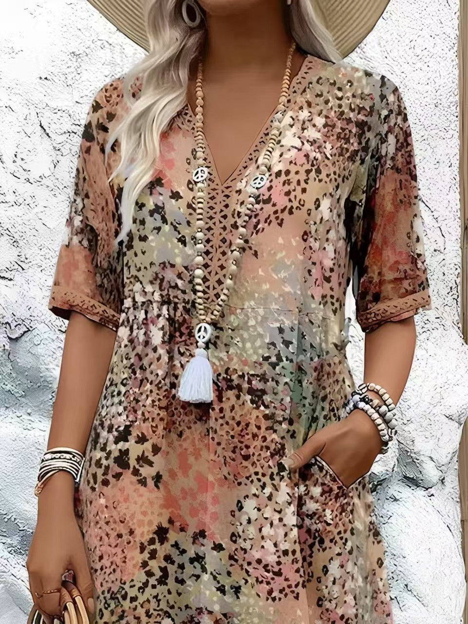 IM23 Lace Trim Maxi Dress | V-Neck, Kurzarm, Taschen & Spitzenbesatz – 5 Farben, S–XXXL