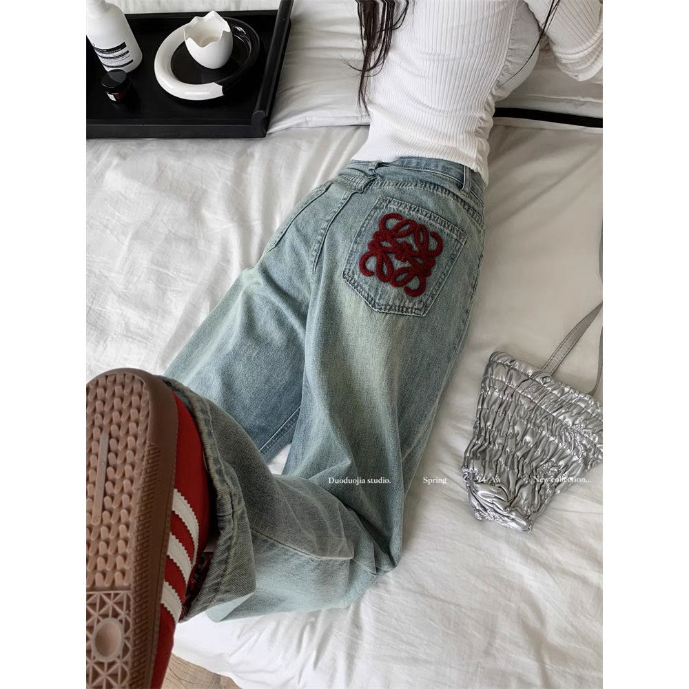 Premium Bestickte Jeans Damen – High-Waist Straight Leg Wide Leg Bodenlange Hose - Sportswear Iron Monkey 23