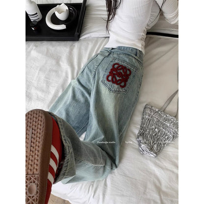 Premium Bestickte Jeans Damen – High-Waist Straight Leg Wide Leg Bodenlange Hose - Sportswear Iron Monkey 23