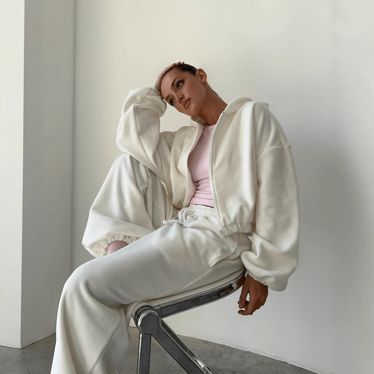 Premium Hooded Cardigan Set Damen 2-teilig – Solid Color Langarm Strickjacke & Elastische Hose - Sportswear Iron Monkey 23