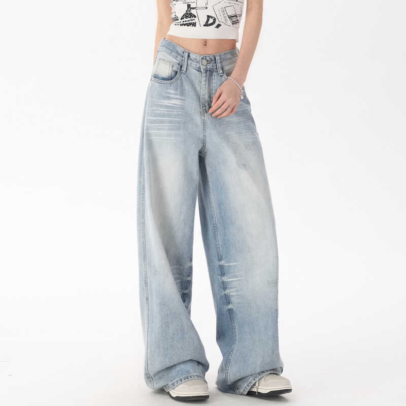 Premium Washed Denim Hose Damen – High-Waist Wide Leg Jeans mit Bleached-Effekt - Sportswear Iron Monkey 23