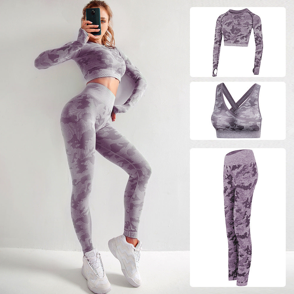 Damen 3-teiliges Camouflage Sport-Set | BH, Leggings & Langarm-Top - Sportswear Iron Monkey 23