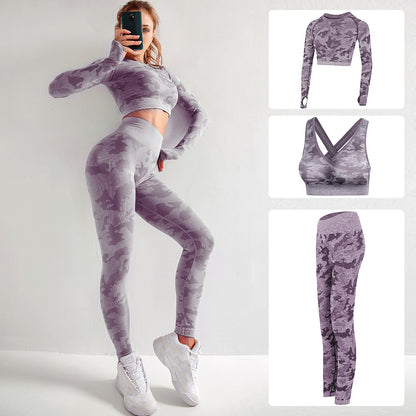 Damen 3-teiliges Camouflage Sport-Set | BH, Leggings & Langarm-Top - Sportswear Iron Monkey 23