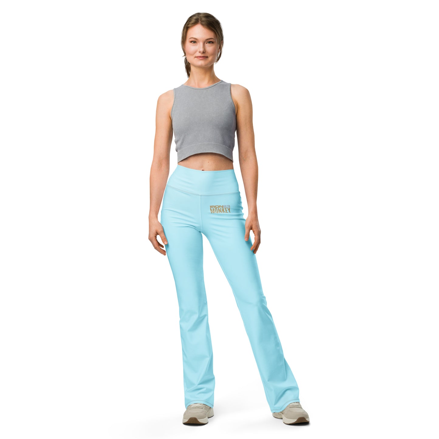 Damen Flare Leggings mit All-Over-Print von Sportswear Iron Monkey 23, High-Waist, po-hebend, UPF 50+, weiße Vorderansicht
