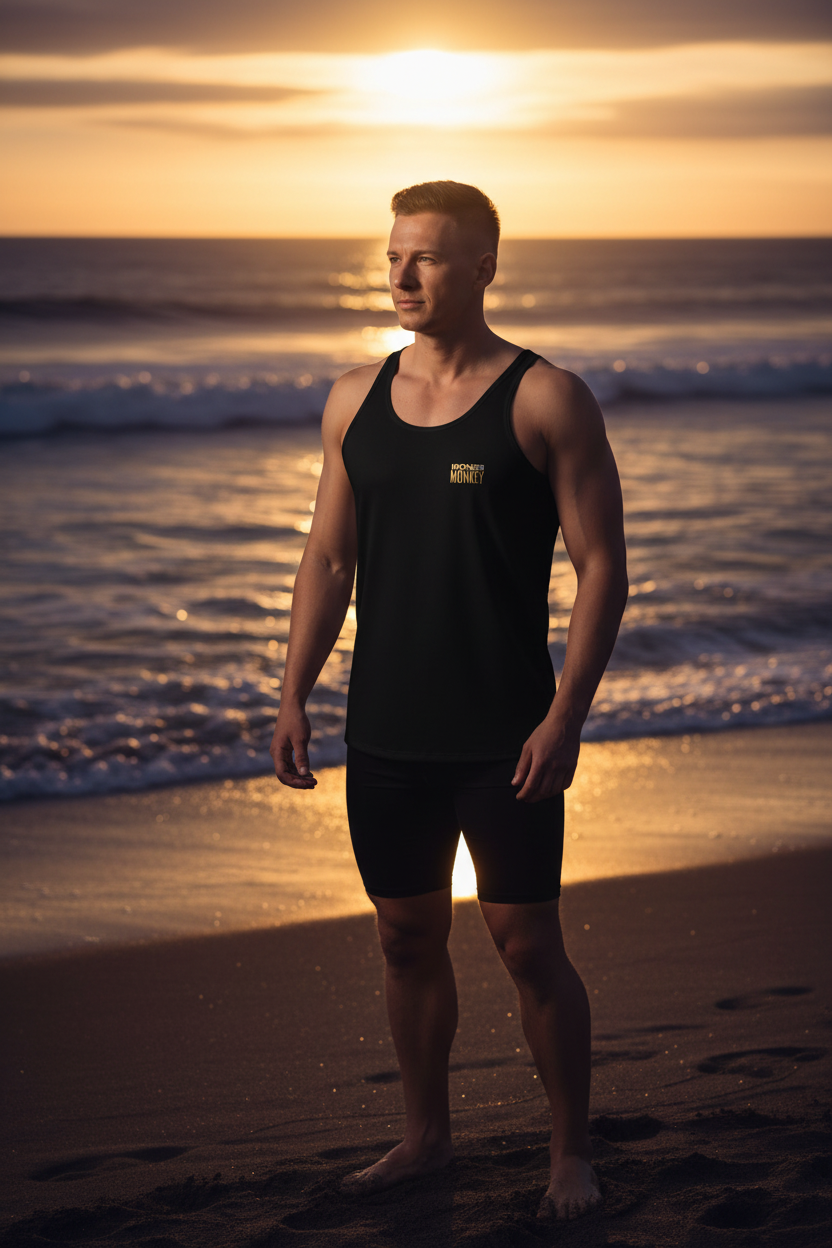 Unisex Tank-Top von Sportswear Iron Monkey 23 mit All-Over-Print, 2-Wege-Stretch, Jersey-Strick, weiße Farbe, links Vorderseite.