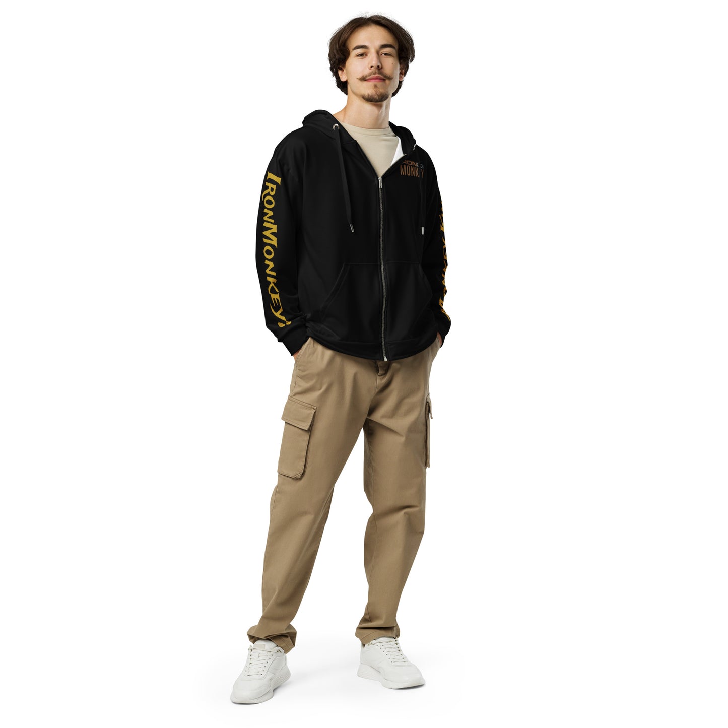 Recycelter Unisex Zip-Hoodie von Sportswear Iron Monkey 23 mit All-over-Druck, nachhaltiger GRS OEKO-TEX-Standard, weiß.