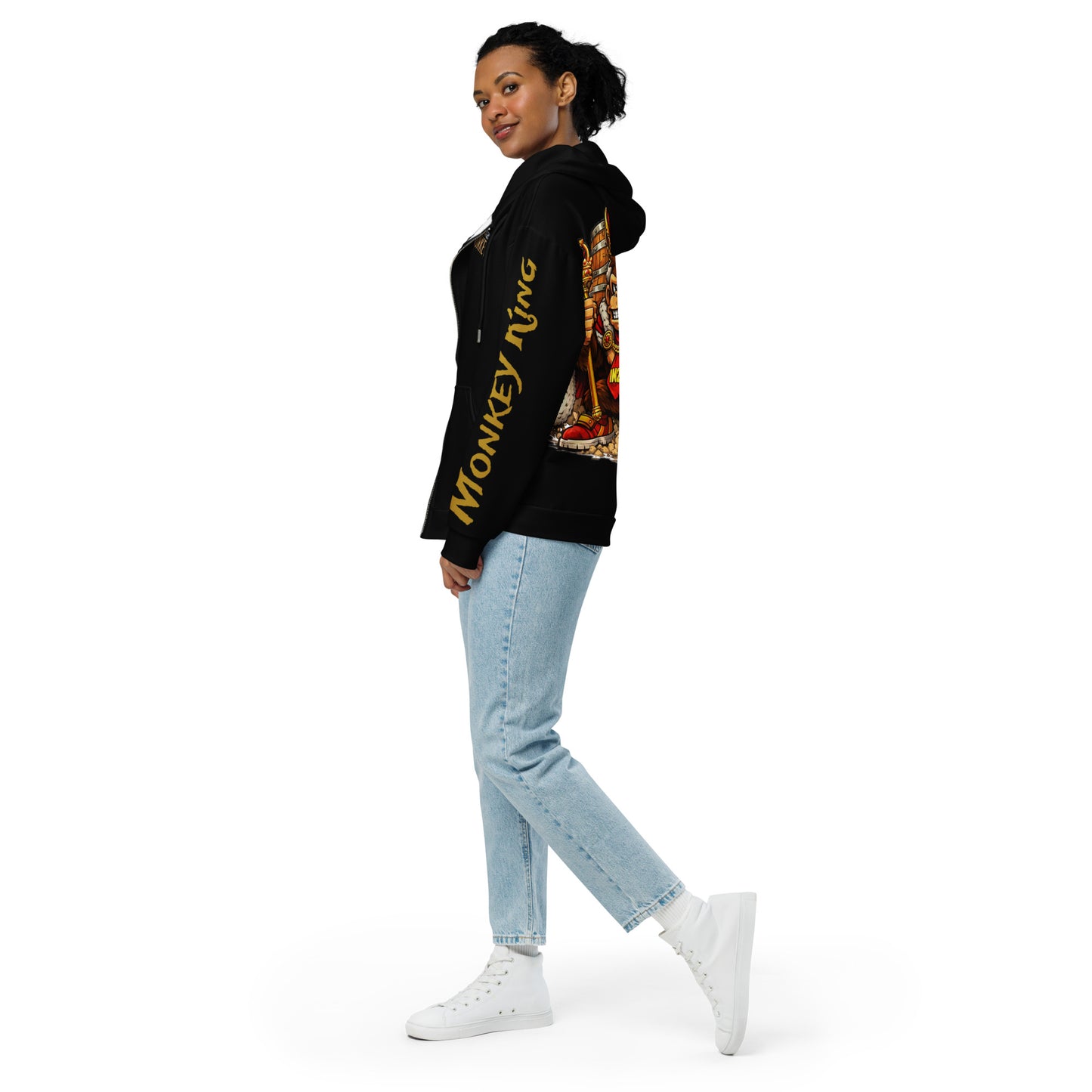 Recycelter Unisex Zip-Hoodie von Sportswear Iron Monkey 23 mit All-over-Print, aus 95% recyceltem Material, weiß.