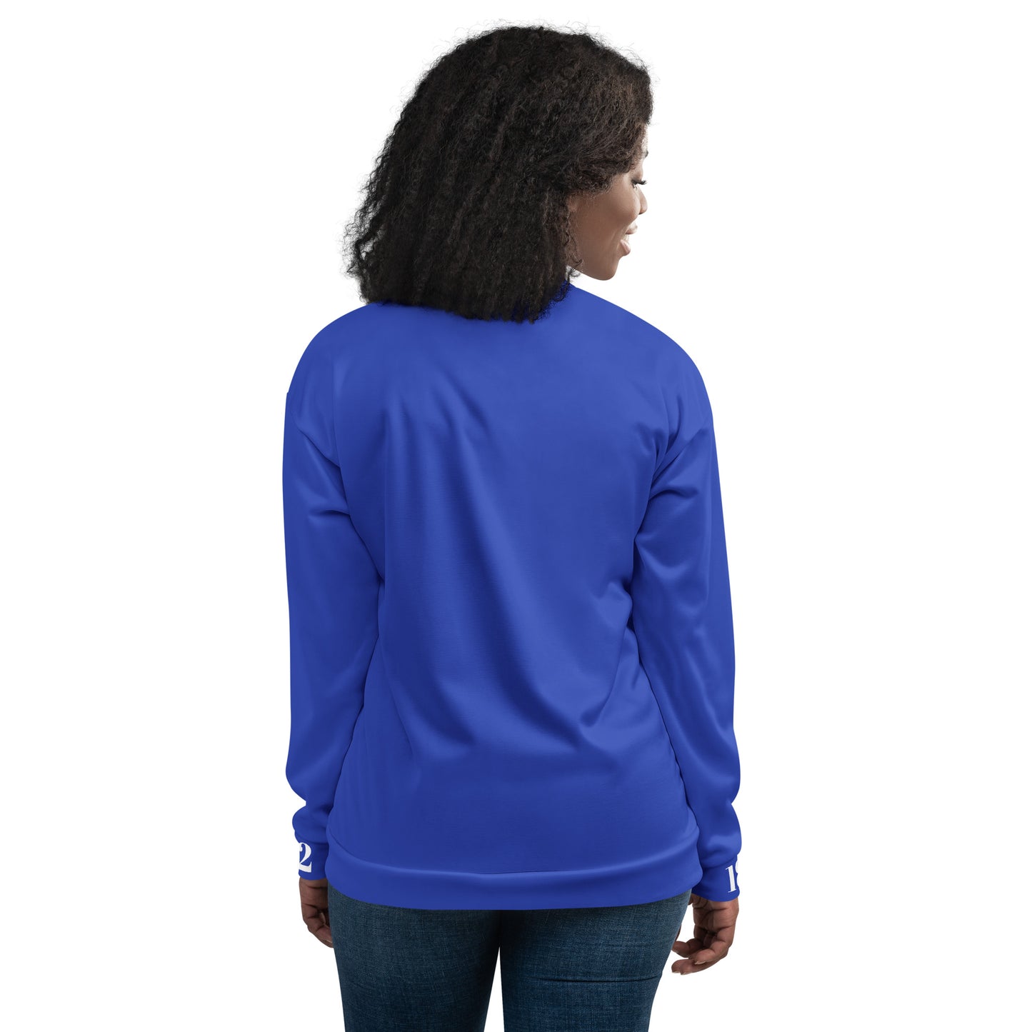 Unisex Bomberjacke von Sportswear Iron Monkey 23, blaue Edition, mit All-over-Print, sichtbare Rückseite.