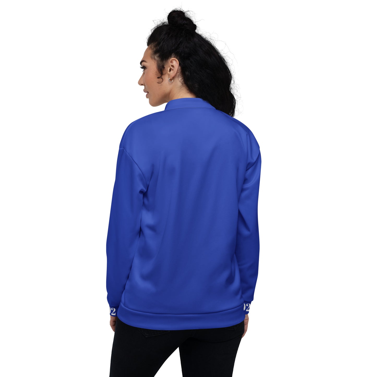 Unisex Bomberjacke von Sportswear Iron Monkey 23 in Blau mit Allover-Print, weiße Rückseite, stilvolle Streetwear-Mode.