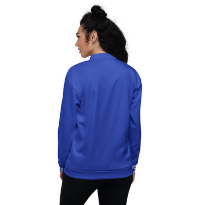Unisex Bomberjacke von Sportswear Iron Monkey 23 in Blau mit Allover-Print, weiße Rückseite, stilvolle Streetwear-Mode.