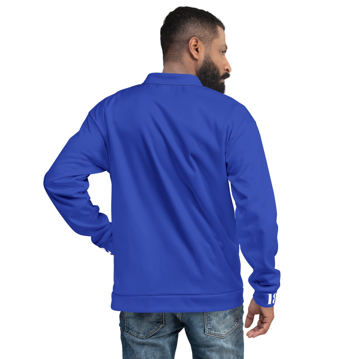Unisex Bomberjacke von Sportswear Iron Monkey 23 in All-Over-Print, blaue Edition, mit weißen Rücken und modischem Design.