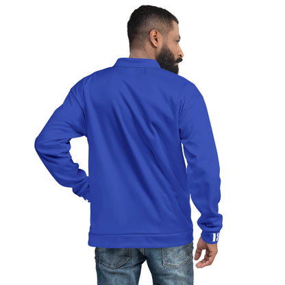 Unisex Bomberjacke von Sportswear Iron Monkey 23 in All-Over-Print, blaue Edition, mit weißen Rücken und modischem Design.