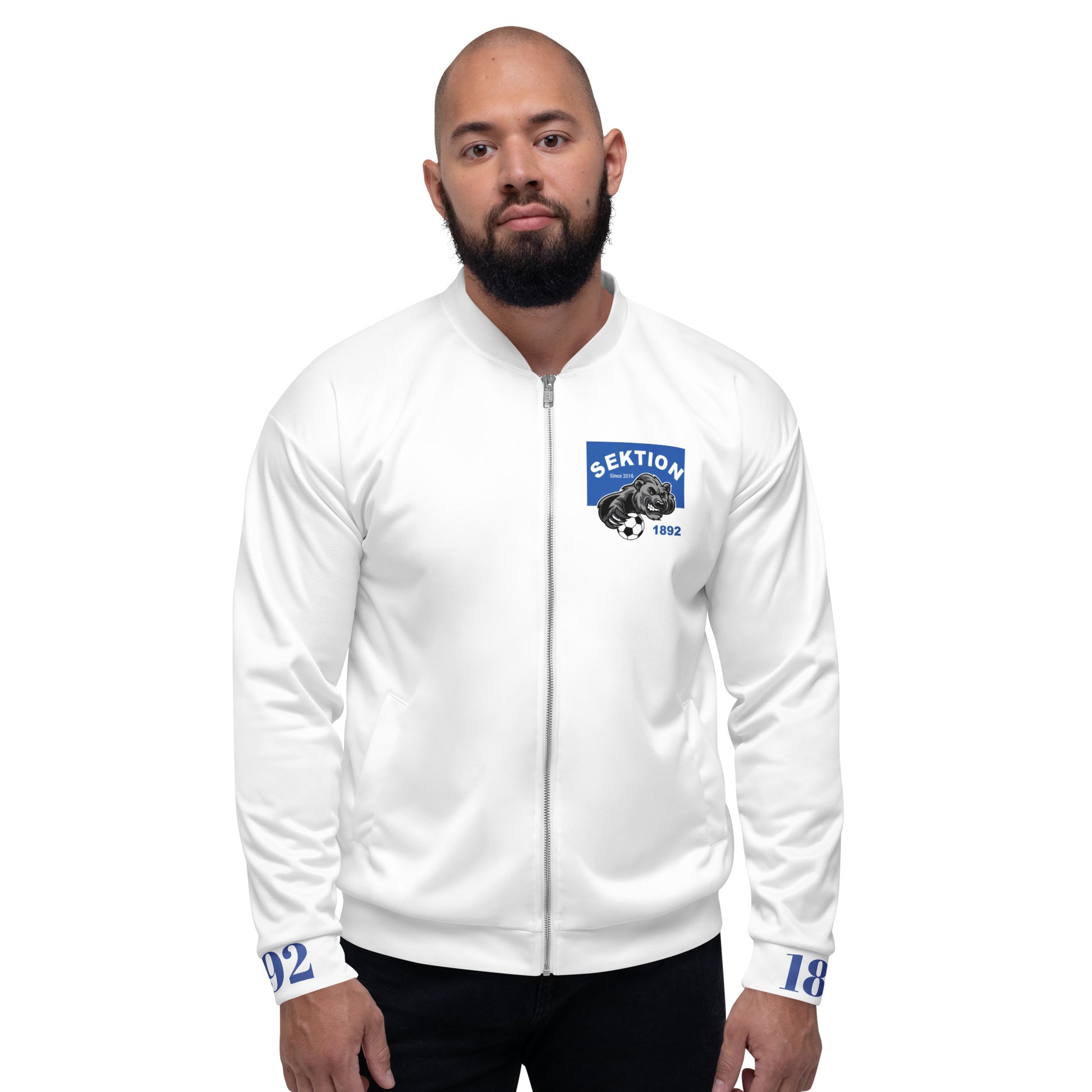 Unisex Bomberjacke von Sportswear Iron Monkey 23 mit Allover-Print in Weiß, Vorderansicht