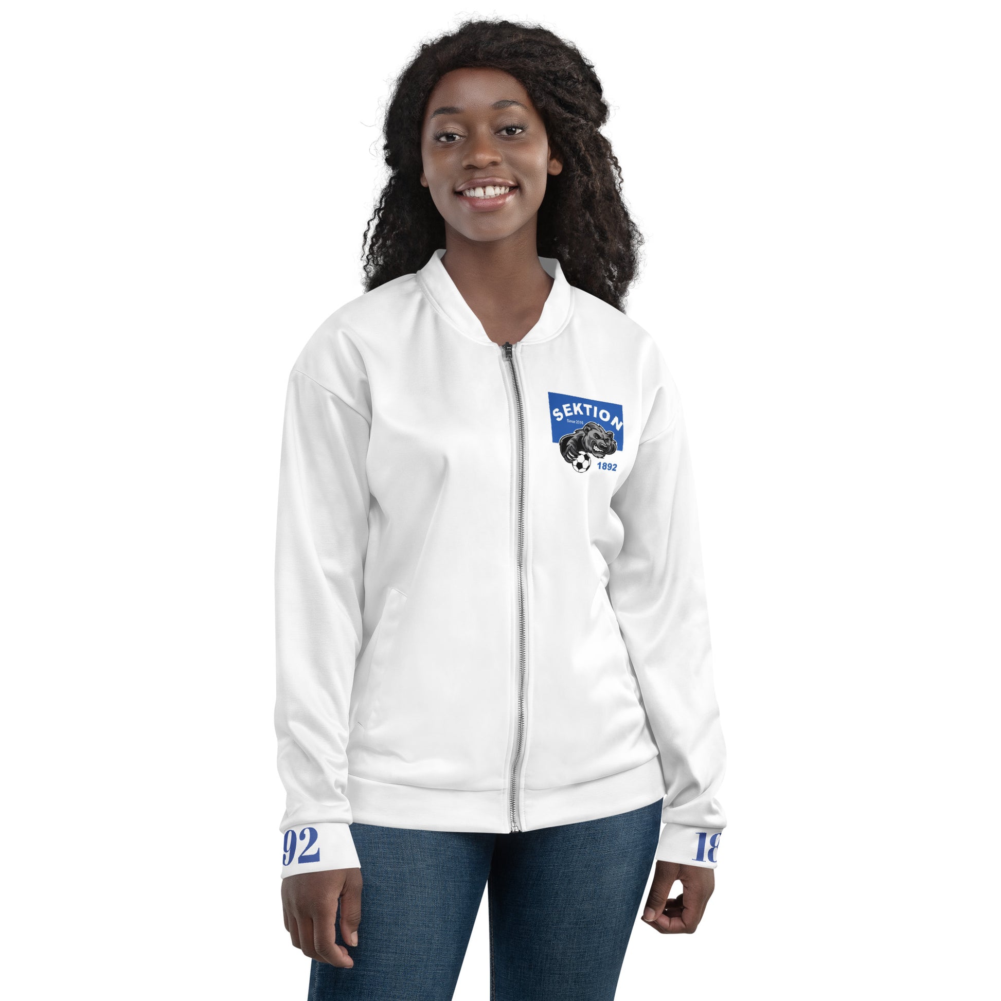 Weißer Unisex Bomberjacke von Sportswear Iron Monkey 23 mit All-over-Print, Frontansicht, modisches Design