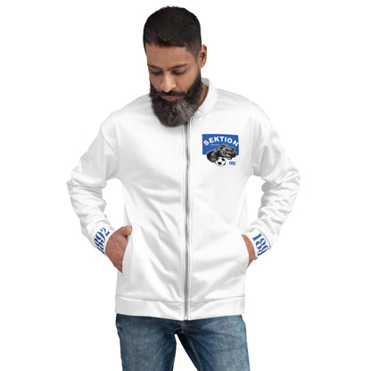 Unisex Bomberjacke von Sportswear Iron Monkey 23 mit All-Over-Print in Weiß, vorne sichtbar, modischer Komfort für Alltag und Freizeit