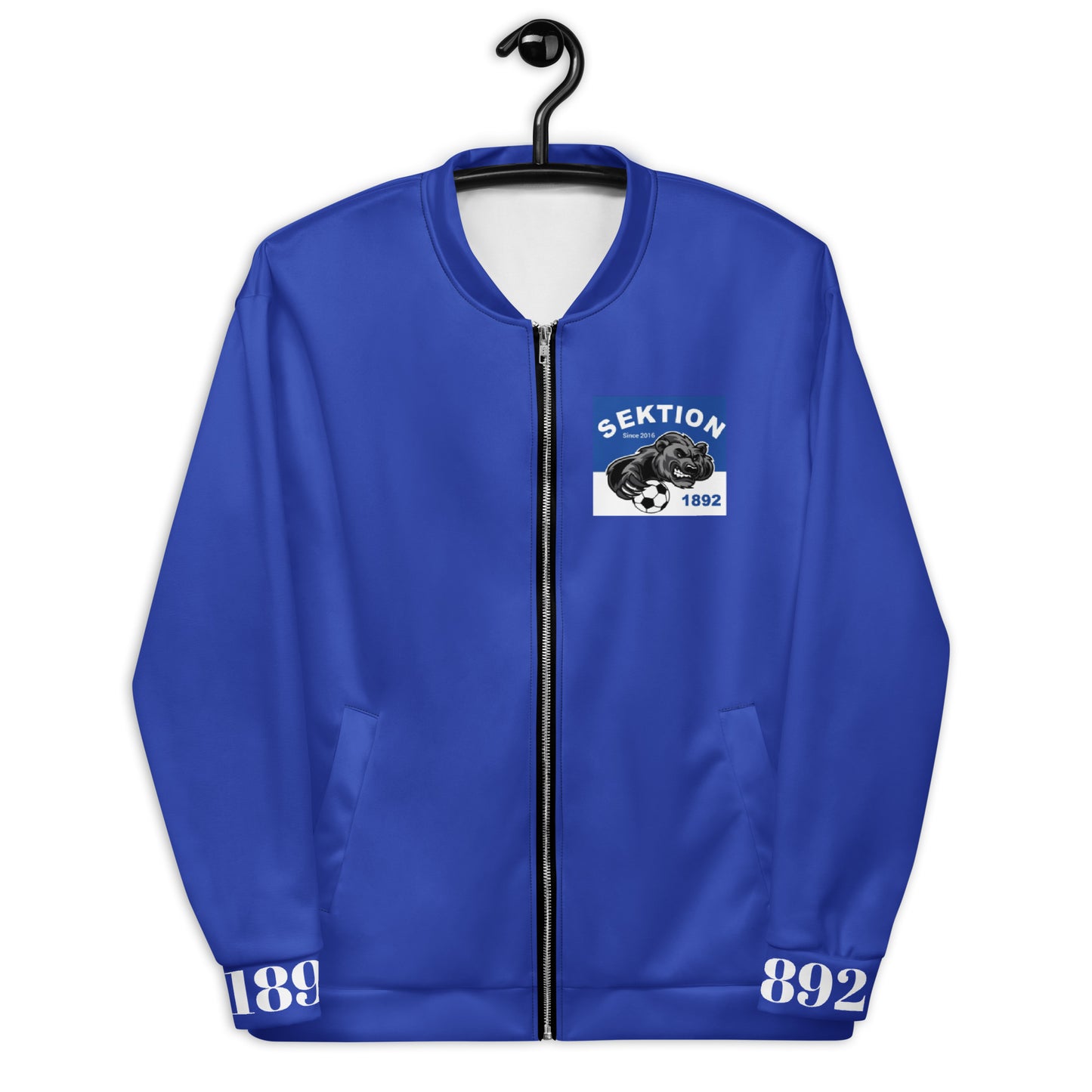 Unisex Bomberjacke von Sportswear Iron Monkey 23 in blau mit Allover-Print, vorne sichtbar, modischer Streetwear-Look