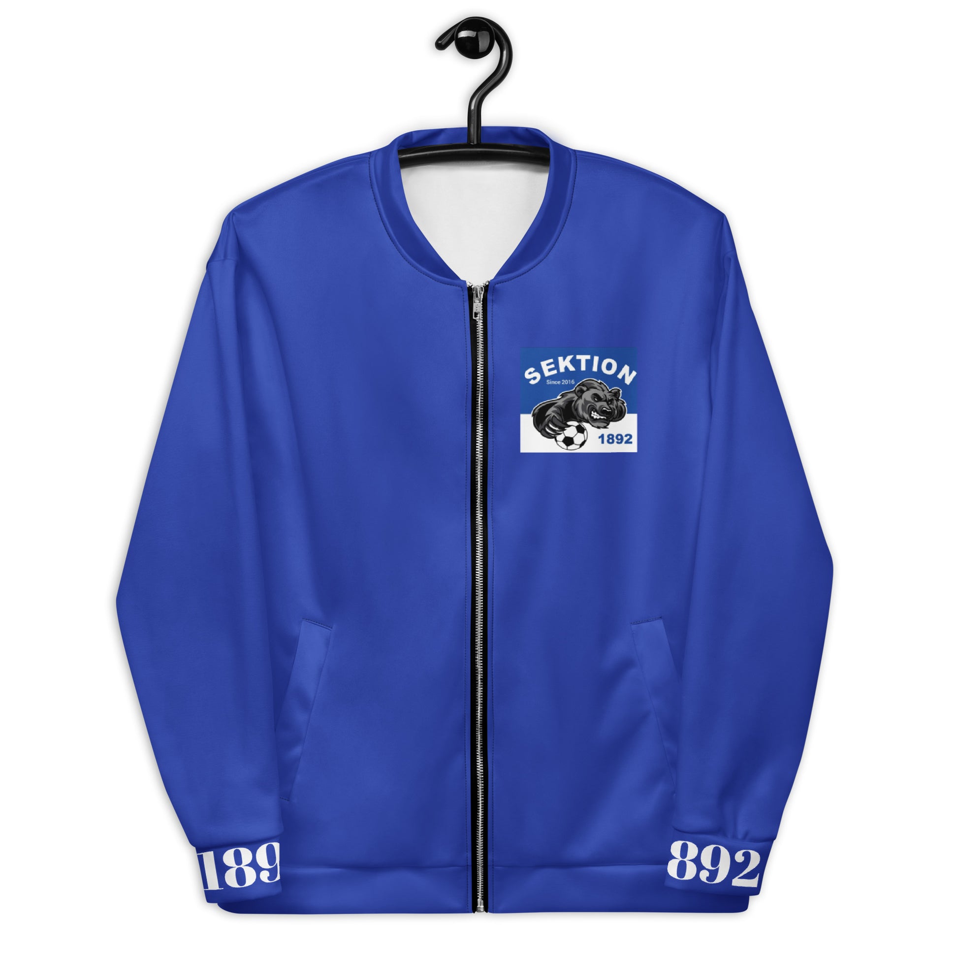 Unisex Bomberjacke von Sportswear Iron Monkey 23 in blau mit Allover-Print, vorne sichtbar, modischer Streetwear-Look