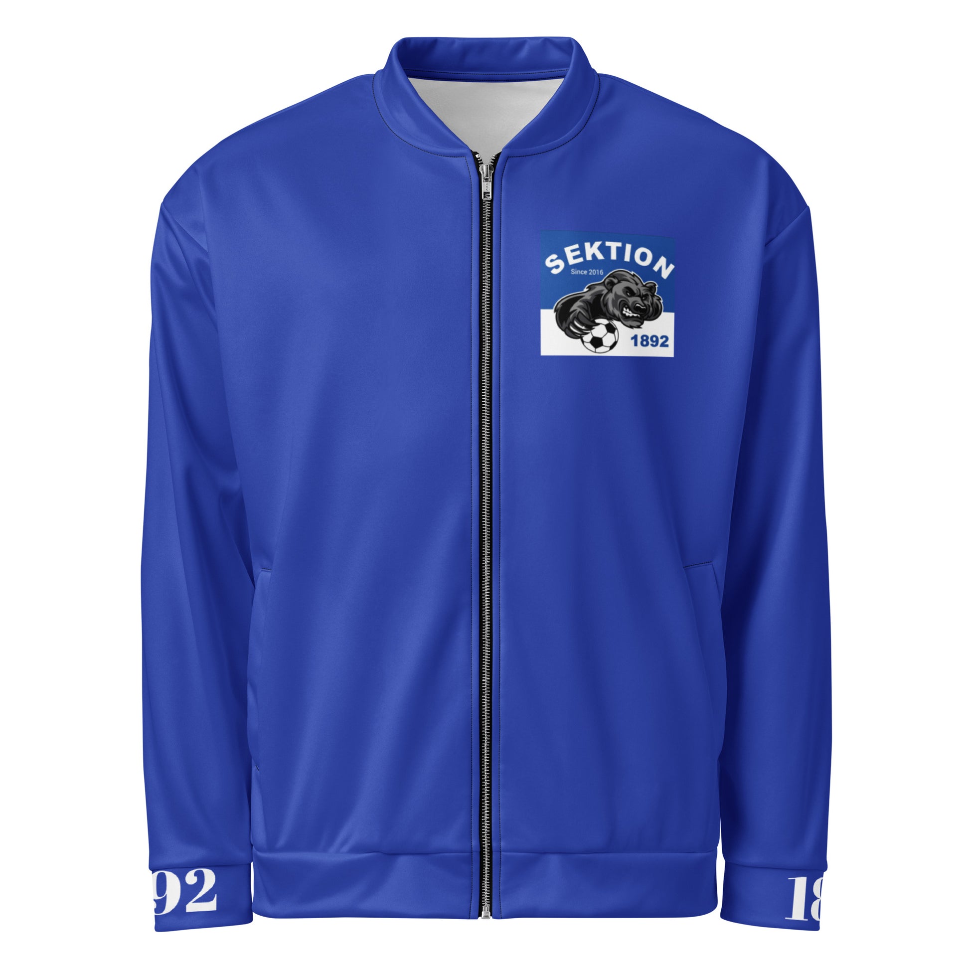 Unisex Bomberjacke von Sportswear Iron Monkey 23 in Blau mit Allover-Print, Frontansicht, leichte und stylische Übergangsjacke