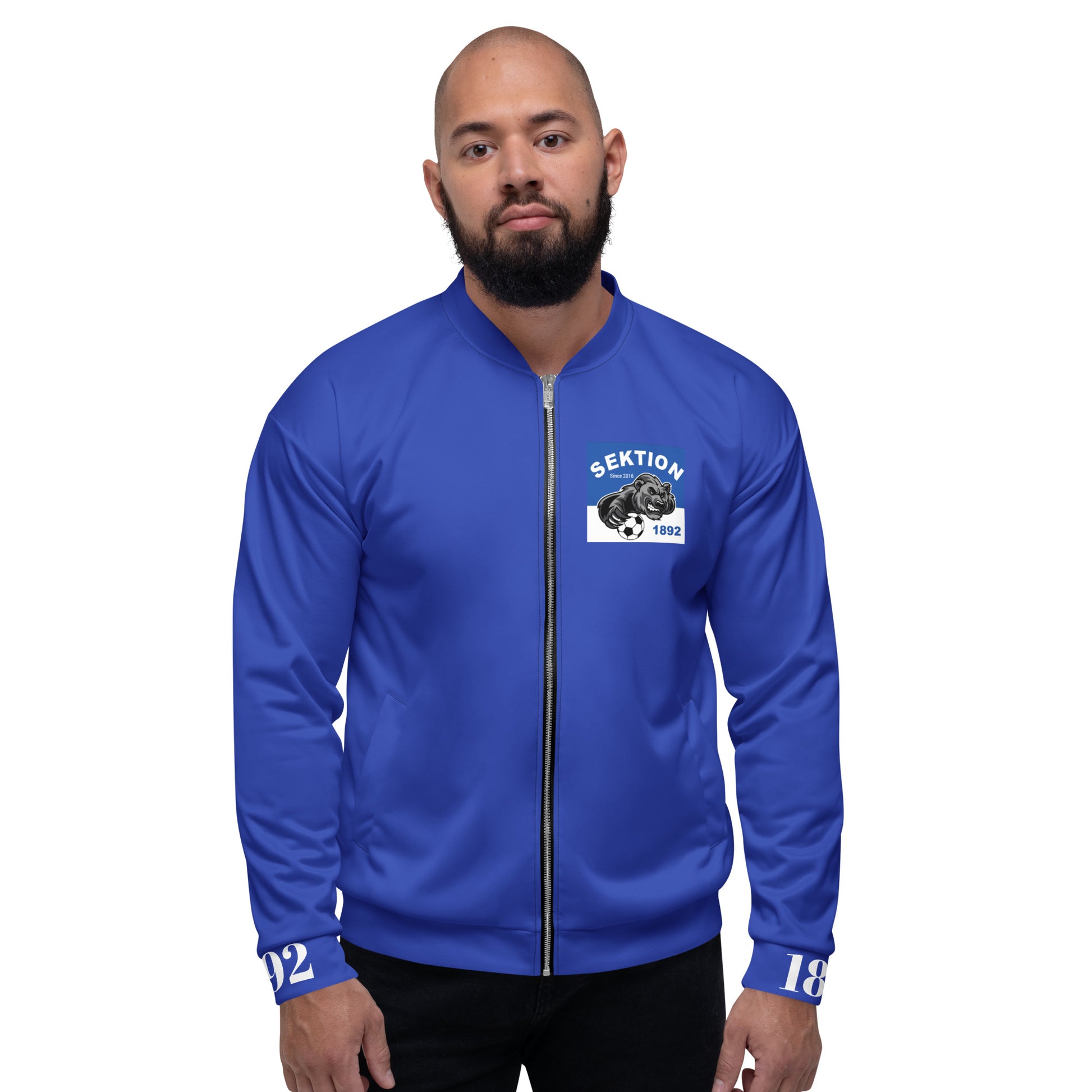 Unisex Bomberjacke von Sportswear Iron Monkey 23, blaue Edition mit All-Over-Print, Vorderansicht.