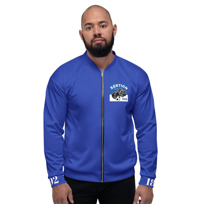 Unisex Bomberjacke von Sportswear Iron Monkey 23, blaue Edition mit All-Over-Print, Vorderansicht.