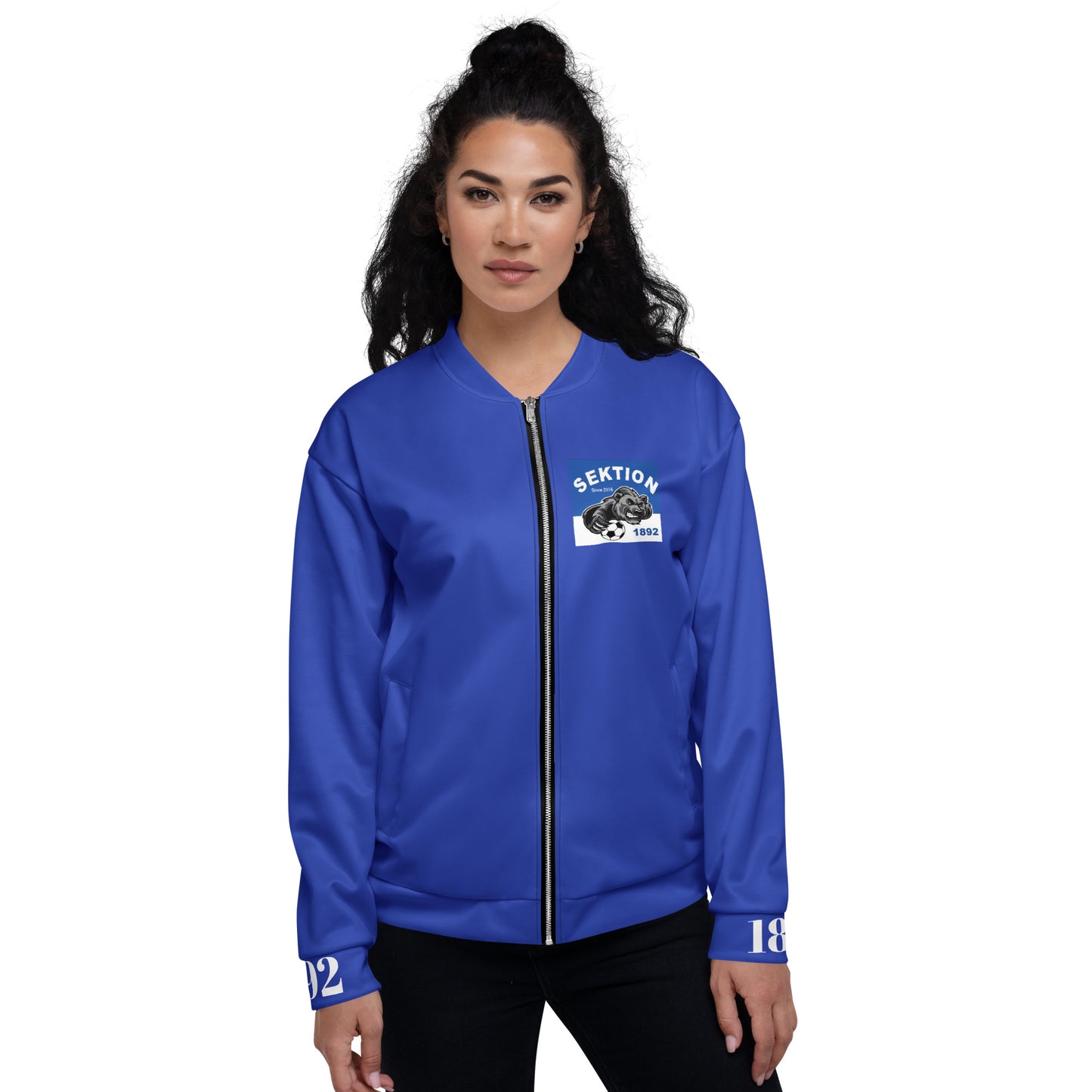 Unisex Bomberjacke von Sportswear Iron Monkey 23, blaue Edition mit Allover-Print, sichtbar von vorne.
