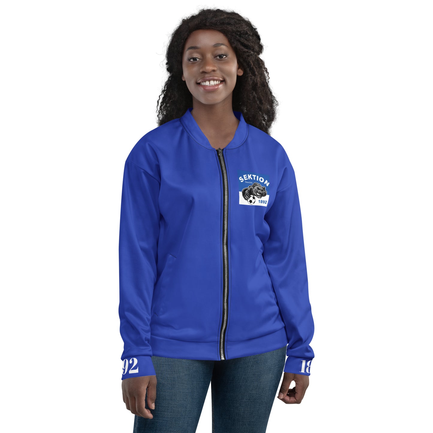 Unisex Bomberjacke von Sportswear Iron Monkey 23, blaue Edition mit Allover-Print, vorneansicht, modischer Streetwear-Look