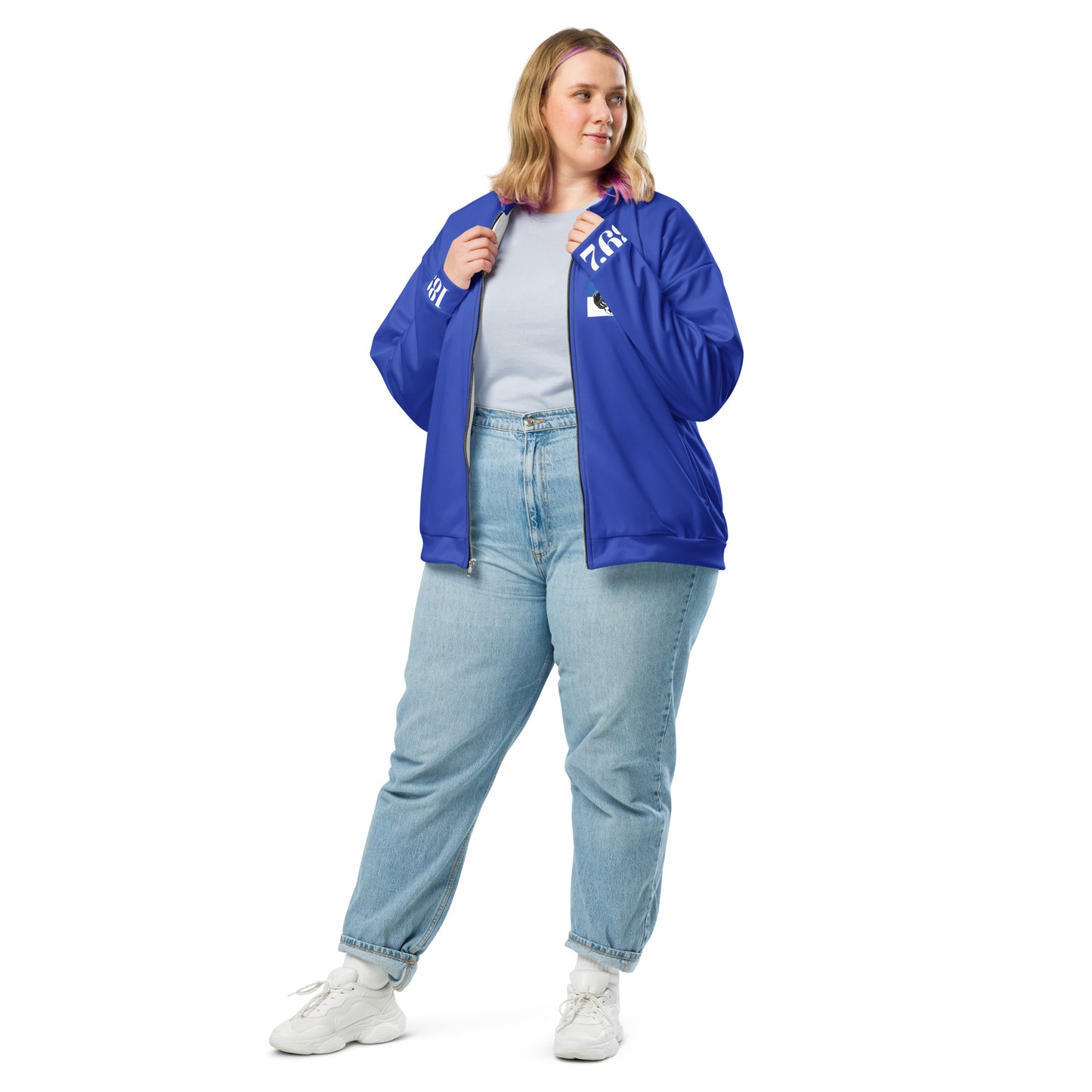 Unisex Bomberjacke von Sportswear Iron Monkey 23 in Blau mit All-Over-Print, vorne sichtbar, modisches Design.