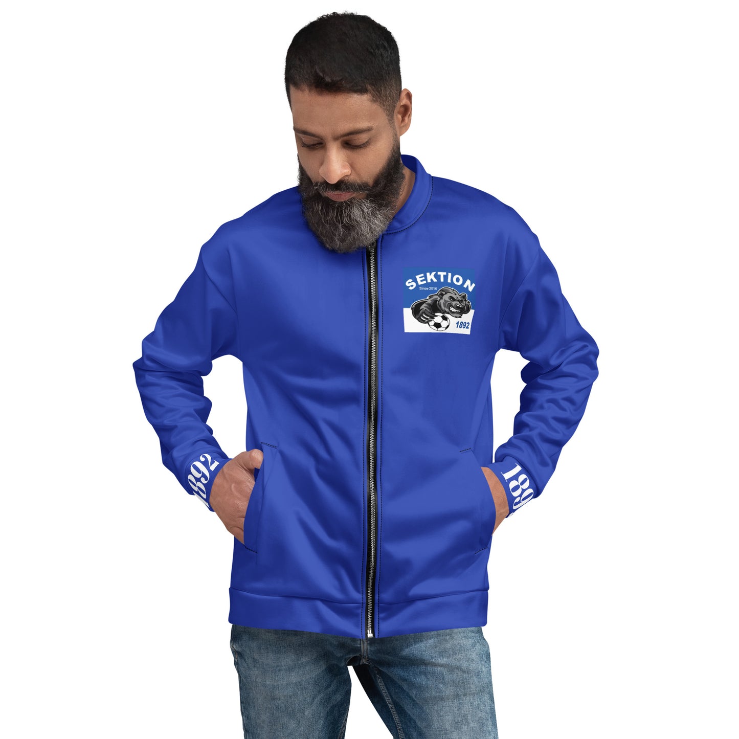 Unisex Bomberjacke von Sportswear Iron Monkey 23, blaue Edition mit All-over-Print, vorne abgebildet.