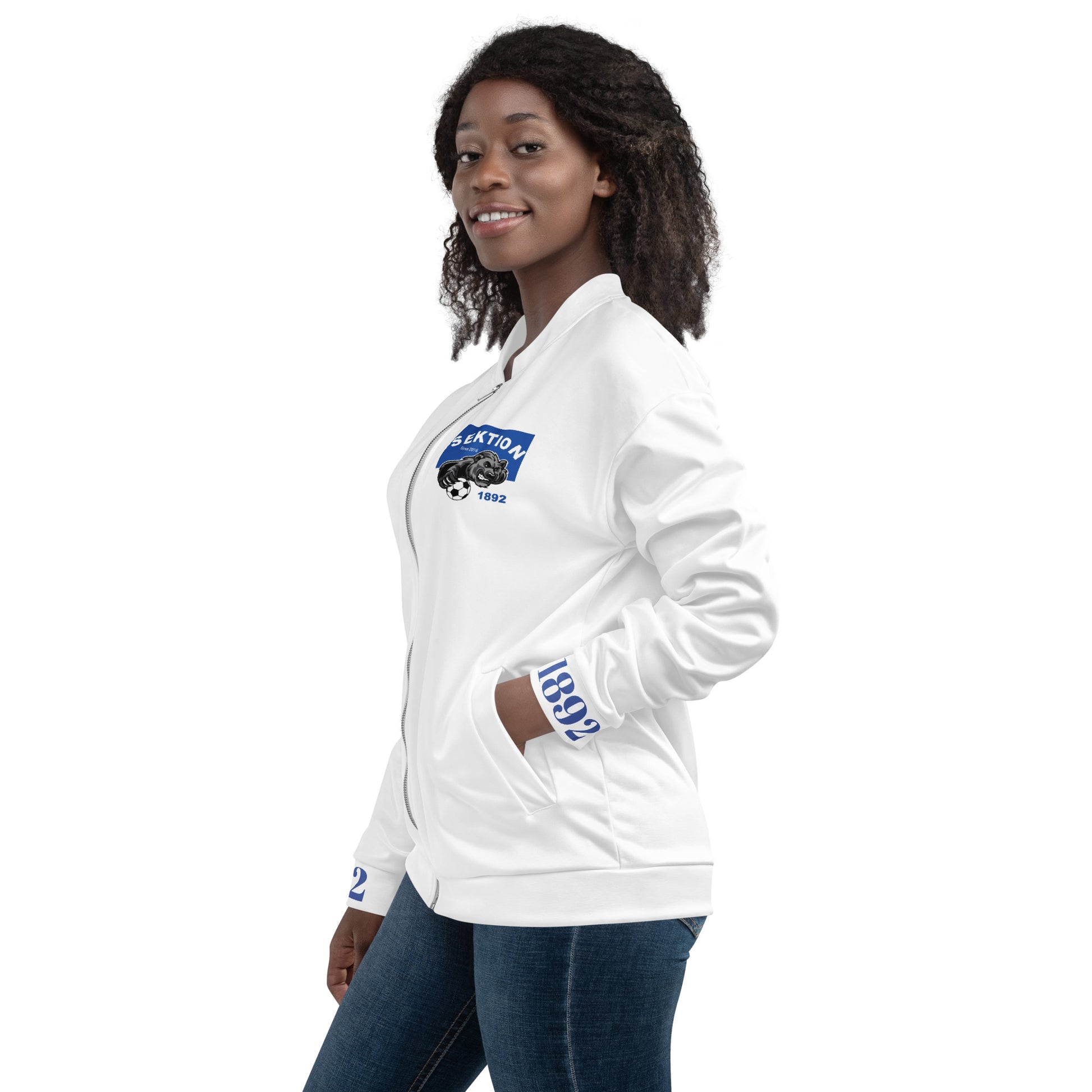 Unisex Bomberjacke von Sportswear Iron Monkey 23 mit Allover-Print in Weiß, modischer Streetwear-Stil