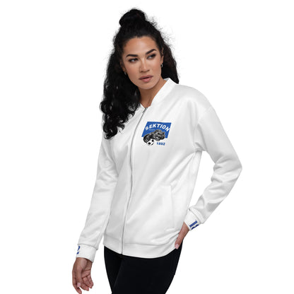 Unisex Bomberjacke von Sportswear Iron Monkey 23 mit Allover-Print in Weiß, leichtes, stylisches Design, vorne links sichtbar.