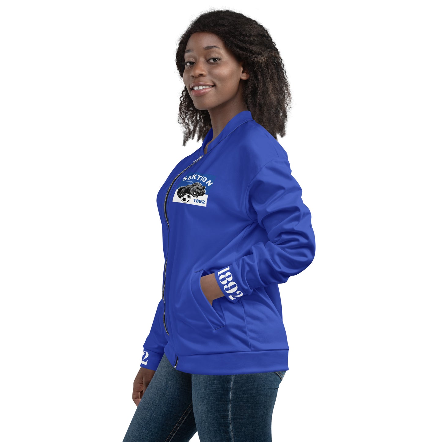 Unisex Bomberjacke von Sportswear Iron Monkey 23 in Blau mit Allover-Print, kurze Passform, sportlicher Stil.