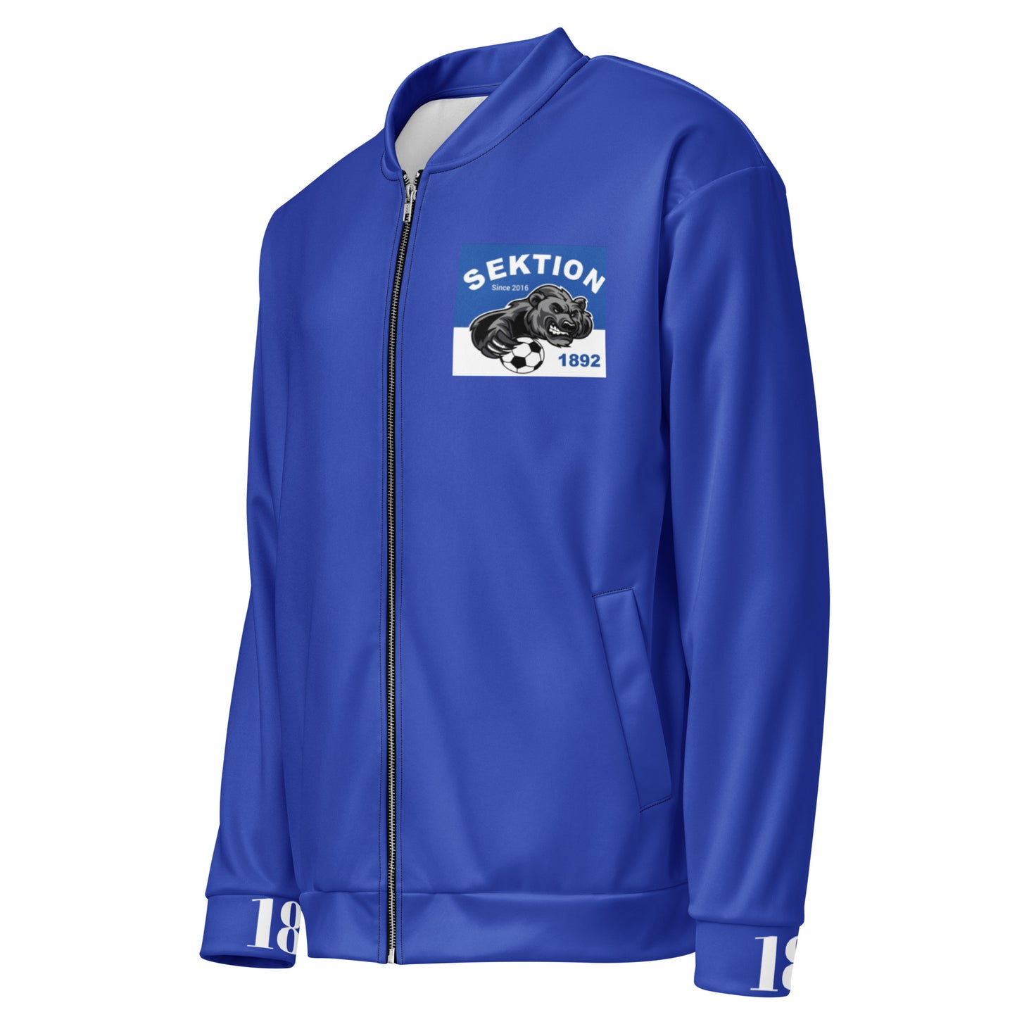 Unisex Bomberjacke von Sportswear Iron Monkey 23 in weiß mit Allover-Print, linke Vorderseite, blue Edition