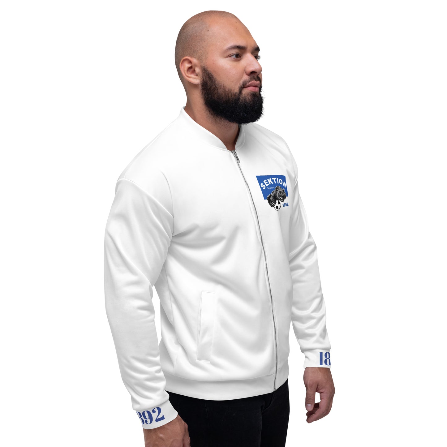 Unisex Bomberjacke von Sportswear Iron Monkey 23 mit Allover-Print in Weiß, modisch und bequem für Damen und Herren.