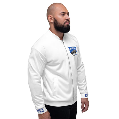 Unisex Bomberjacke von Sportswear Iron Monkey 23 mit Allover-Print in Weiß, modisch und bequem für Damen und Herren.