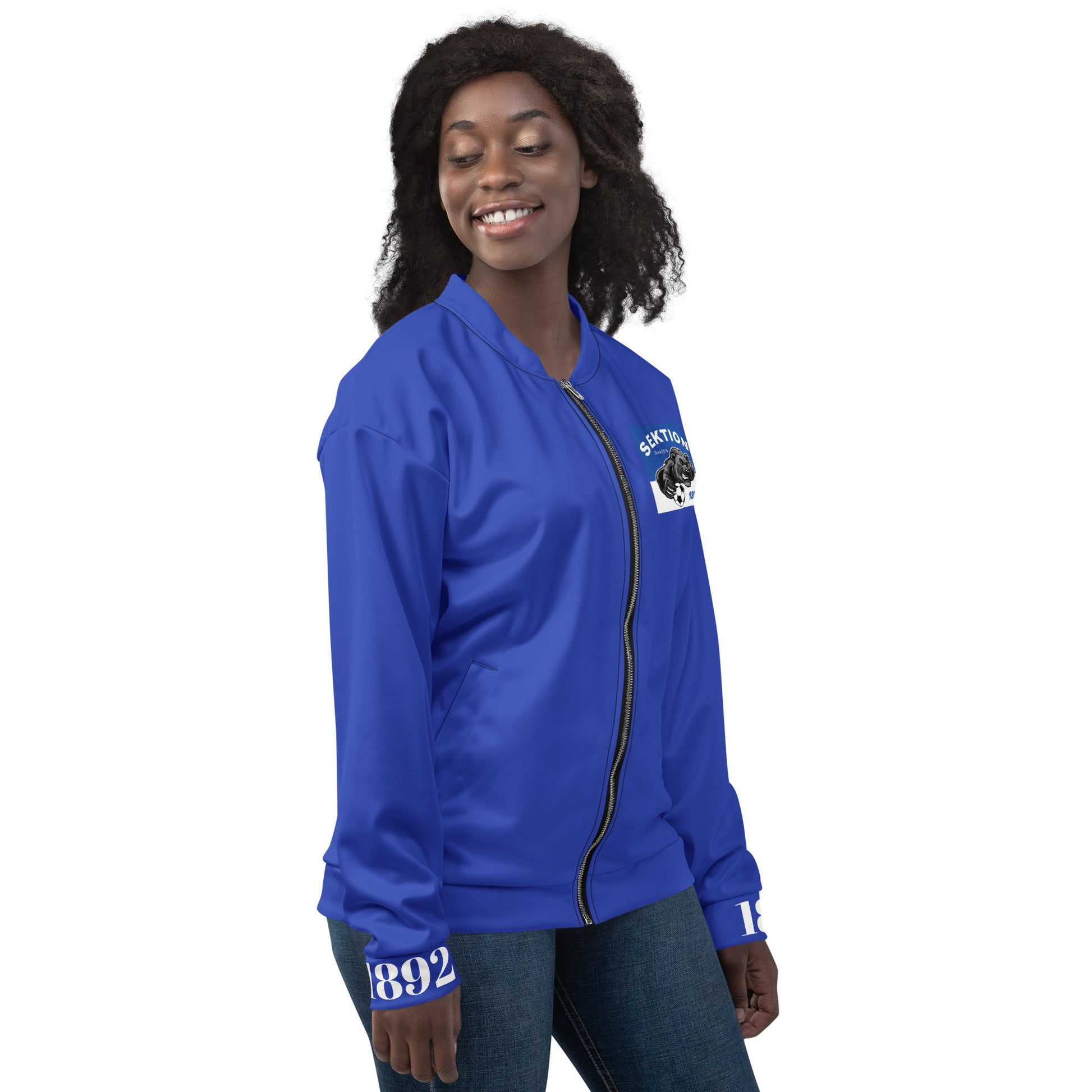 Unisex Bomberjacke von Sportswear Iron Monkey 23, blaue Edition mit Allover-Print, vorne und Rücken sichtbar.
