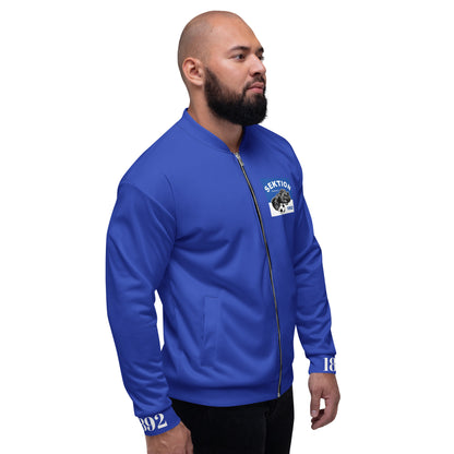 Unisex Bomberjacke von Sportswear Iron Monkey 23 in weiß mit Allover-Print, leichtes, stylisches Design.
