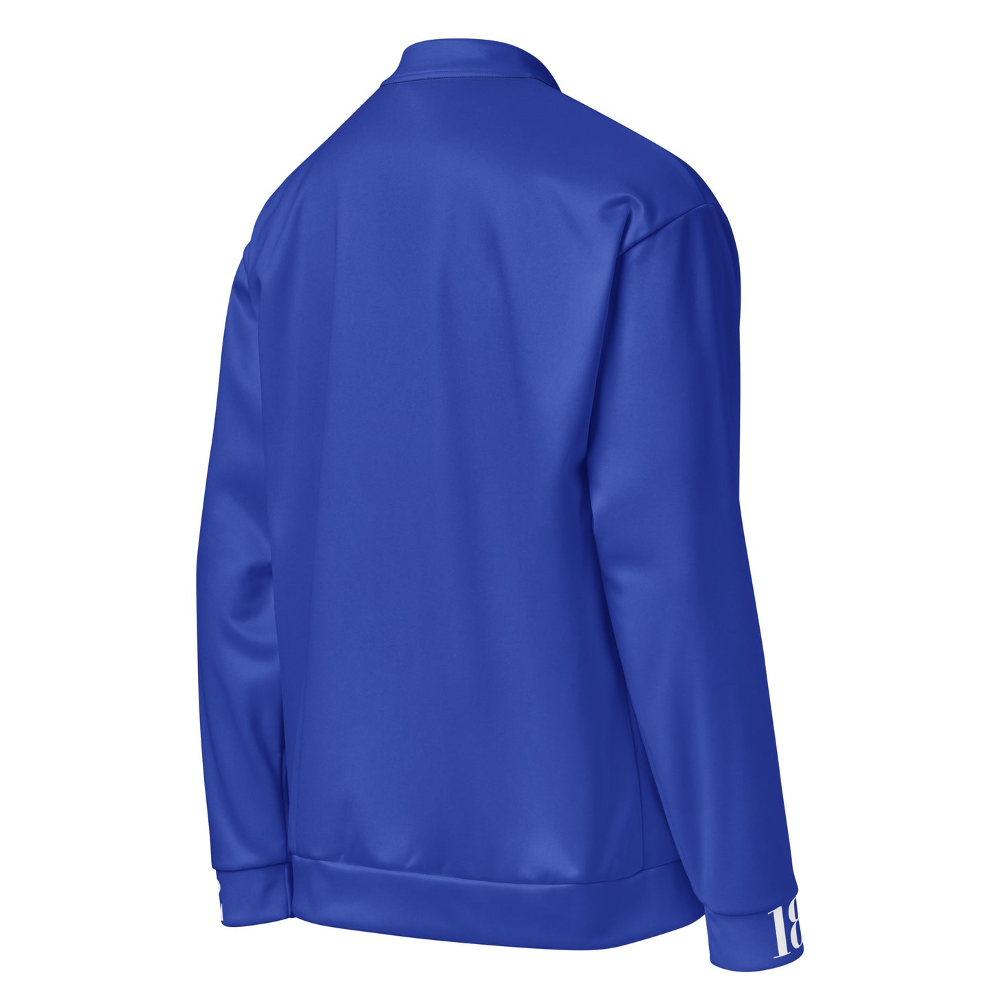 Unisex Bomberjacke von Sportswear Iron Monkey 23 mit All-Over-Print in weiß, rechte Rückseite, blauer Edition, modischer Schnitt.