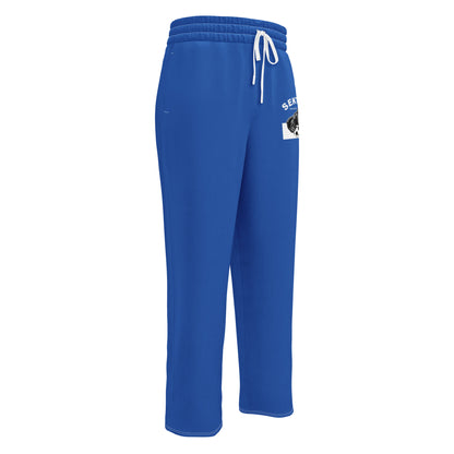 Weißer Unisex-Jogginghose mit weitem Bein und All-over-Print von Sportswear Iron Monkey 23, vorne sichtbar.