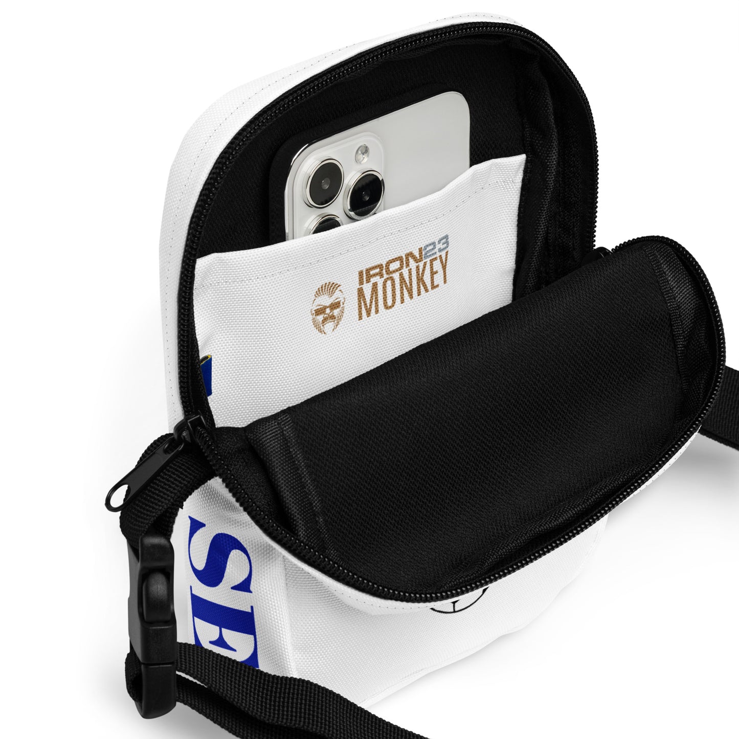 All-over-bedruckte Umhängetasche von Sportswear Iron Monkey 23, praktische Crossbody-Bag in Weiß mit funktionalem Design