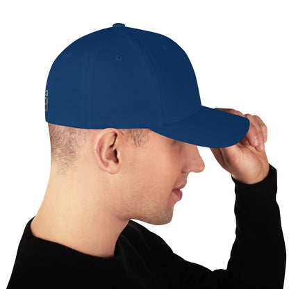 Strukturierte Royal-Blue Cord-Cap von Sportswear Iron Monkey 23 mit geschlossener Rückseite und Fanclub-Design der Alten Dame 1892.