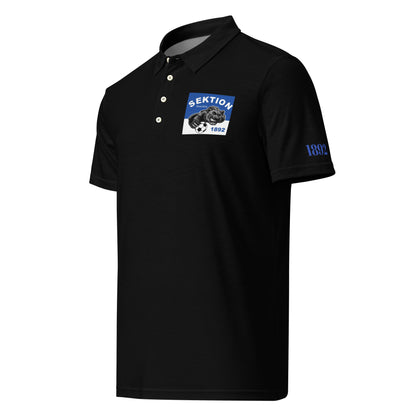 Schwarzes Herren-Polo-Shirt von Sportswear Iron Monkey 23, Slim Fit mit Allover-Print, vorne links sichtbar