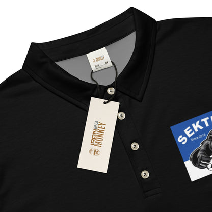 Schmal geschnittenes Herren-Polo-Shirt von Sportswear Iron Monkey 23, schwarze Edition mit All-over-Print, Produktdetails sichtbar