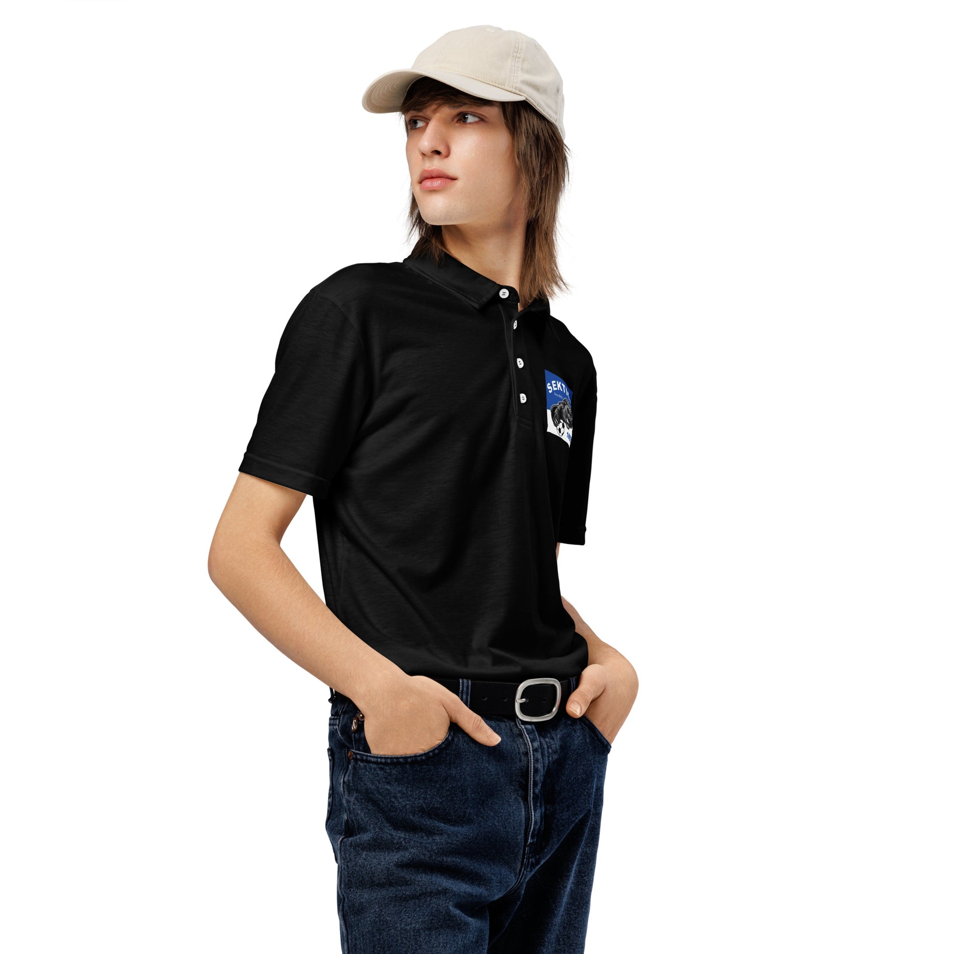 Schwarzes, schmal geschnittenes Herren-Polo-Shirt von Sportswear Iron Monkey 23 mit Allover-Print, rechte Vorderseite sichtbar