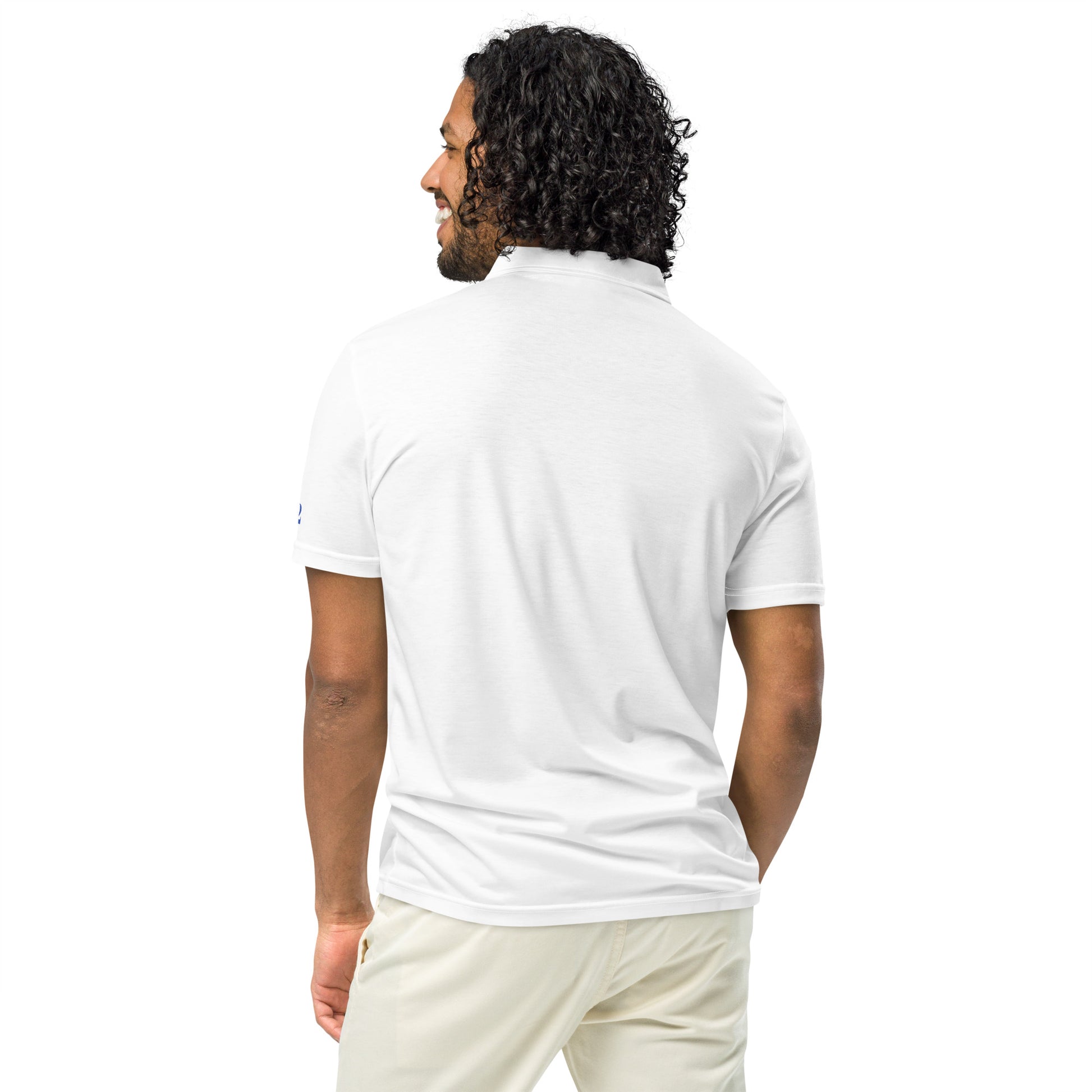 Schmal geschnittenes Herren-Polo-Shirt von Sportswear Iron Monkey 23 mit All-Over-Print in Weiß, Rückenansicht.