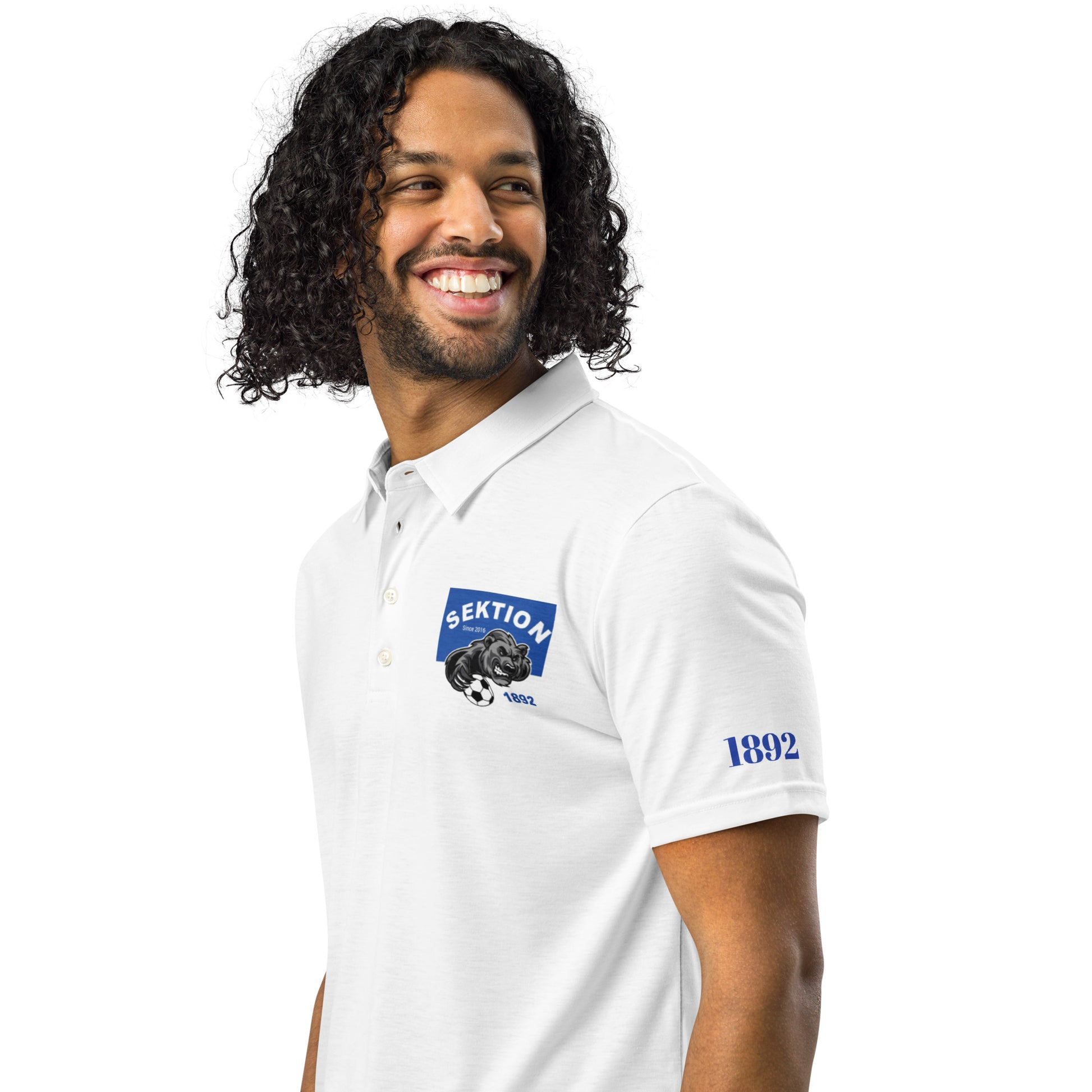 Schmal geschnittenes Herren-Polo-Shirt von Sportswear Iron Monkey 23 mit All-over-Druck in Weiß, vorne links sichtbar