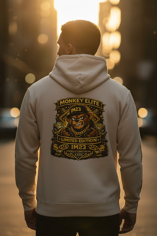 Unisex Bio-Hoodie aus 100% Bio-Baumwolle, Sportswear Iron Monkey 23, in Desert Dust mit Rückenansicht.
