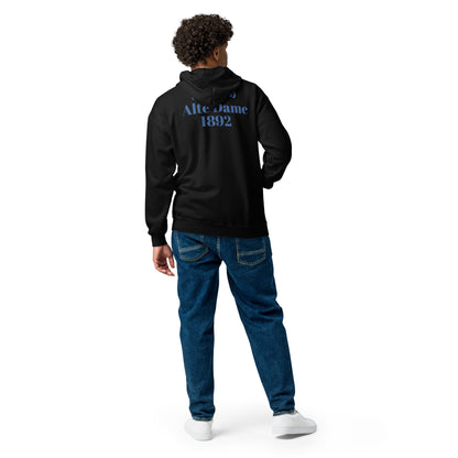Unisex Heavy-Blend Zip Hoodie von Sportswear Iron Monkey 23 mit Fanclub Alte Dame 1892 Logo in Schwarz, Rückenansicht