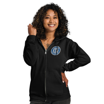 Unisex Heavy-Blend Zip Hoodie in Schwarz mit Fanclub Alte Dame 1892 Druck von Sportswear Iron Monkey 23, vorne sichtbar.