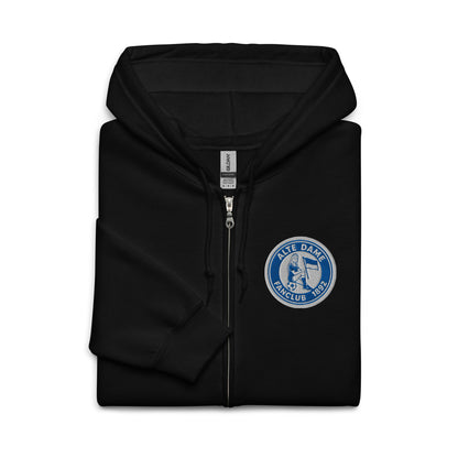Unisex Heavy-Blend Zip Hoodie von Sportswear Iron Monkey 23 mit Fanclub Alte Dame 1892 Design, schwarze Vorderansicht
